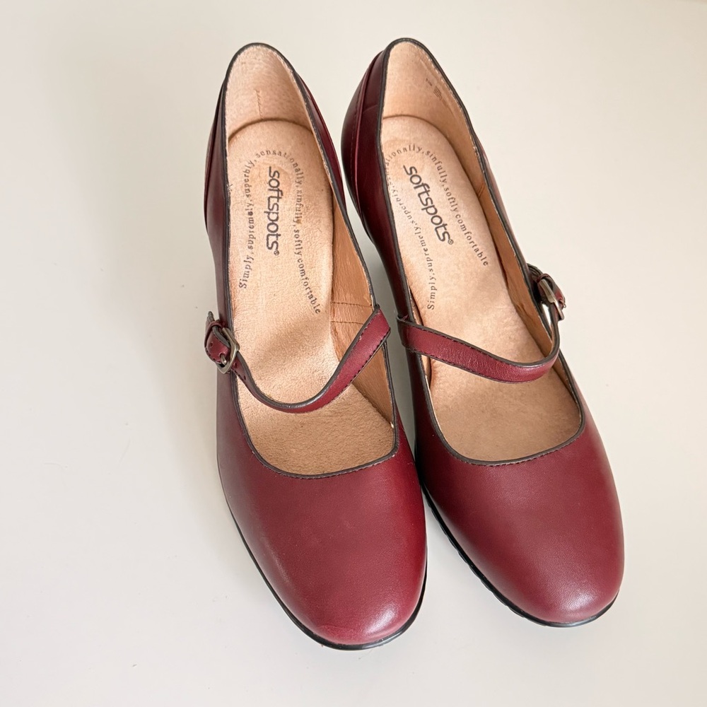 Softspots Burgundy Leather Mary Jane Pumps 9.5 Low Block Heel Grannycore Cottage - Picture 2 of 11